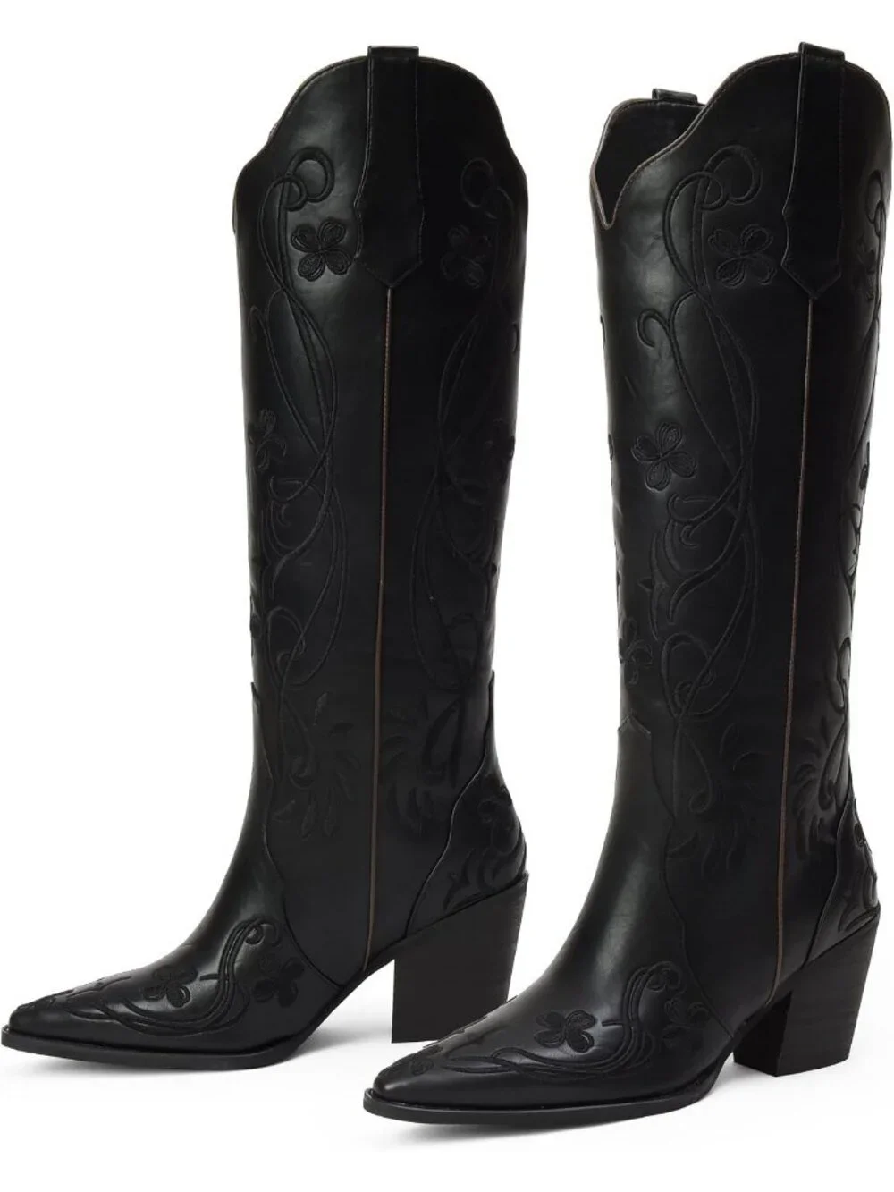 Women's Black pu Knee High Floral Embroidered Vintage Cowgirl Boots
